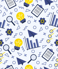 Pattern of a light bulb, magnifying glass, and other items on a blue background.