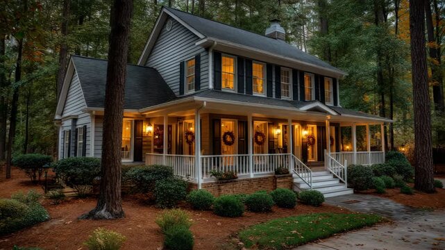 Warmly Lit American Home with Autumn Porch at Peaceful Dusk