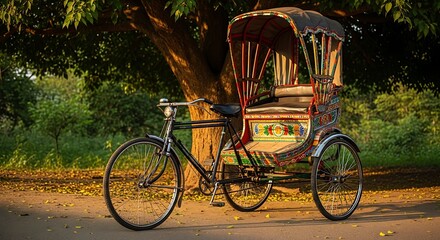 Vibrant Hand-Painted Rickshaw Under Golden Hour Light, Parked Beneath Lush Tree