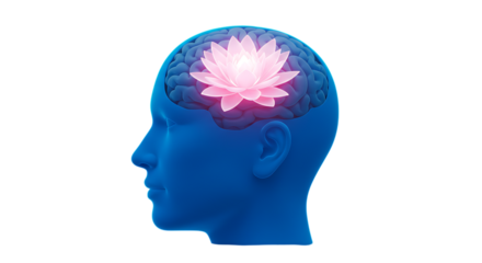 3d quiet mind app icons blue human head profile with pink lotus flower in brain isolated on transparent background