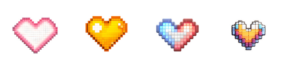 Fototapeta premium Collection of Pixel Heart Icons: Love, Gaming, Retro Style on White