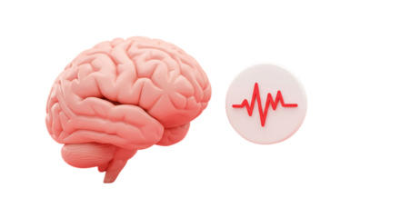 Human brain model alongside an electrical pulse icon for neurological health advertising copy space.