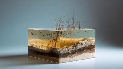 3d render illustration of cross section of ground with grass isolated on white. Podium with underground layers of Soil, earth, rock. Environment or Land Surveying banner cooncept