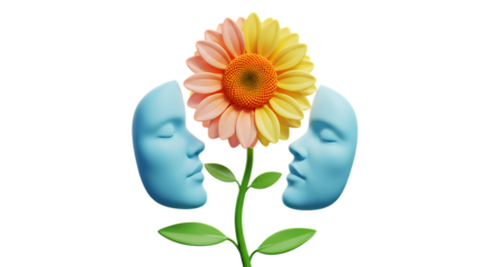 Flower blooming between two face masks symbolizes duality and psychological transformation for.