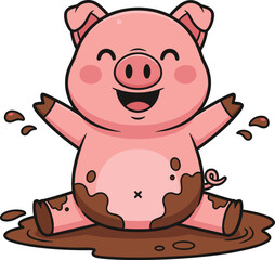 Naklejka premium Cartoon pink pig with darker spots sitting in mud puddle, smiling with closed eyes, front legs raised, cute farm animal vector