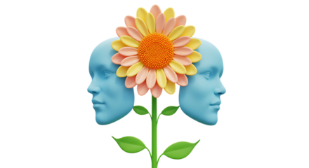 3d quiet mind app icons two blue human faces with a flower in between isolated on transparent background