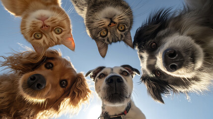 Cats and dogs standing in a circle, looking down at the camera with curious expressions against the blue sky. Animal and friendship concept