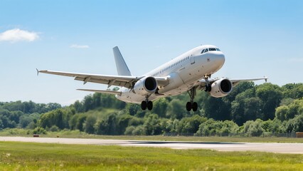White Commercial Jet Airplane Landing on Runway in Clear Sky