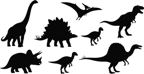 Dinosaur silhouette set, eight prehistoric species including T‑rex, triceratops, stegosaurus, pteranodon, spinosaurus, brachiosaurus, velociraptor, wildlife vector illustration