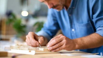 Design studio setting with an architect meticulously fine-tuning a scale model representing architectural precision, creative process, professional expertise, design innovation, project - Powered by Adobe