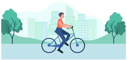 Fototapeta premium Healthy lifestyle concept, man riding bicycle in park. Exercise activity outdoor concept vector illustration