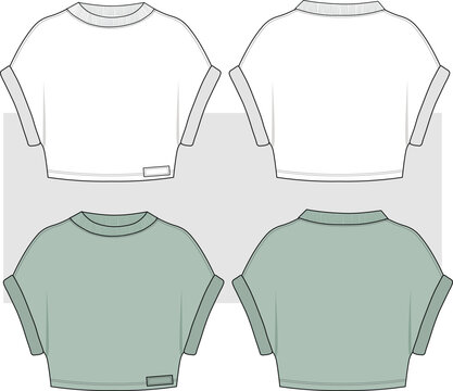 Women Dolman Sleeve Cropped T shirt fashion drawing, illustration. Front and Back view, CAD, Mockup set.