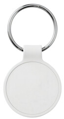 A white circular tracking device or key fob with a silver metal key ring attached.