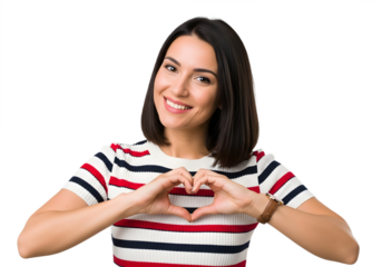 Smiling woman making heart shape with her hands on transparent background