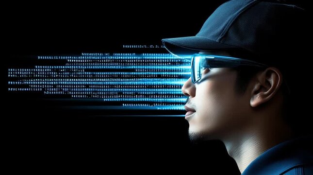 A focused individual wearing stylish glasses and a casual baseball cap intently analyzing complex information displayed on a luminous digital screen in a contemporary workspace. - Powered by Adobe
