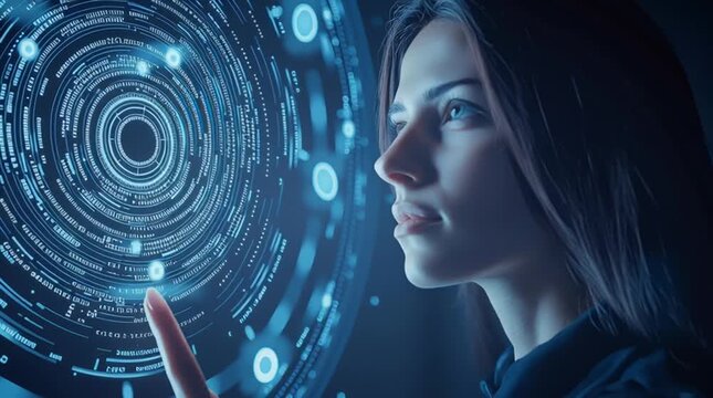 Innovative user experience with a futuristic digital interface showing holographic data visualization illustrating human computer interaction and advanced technological.