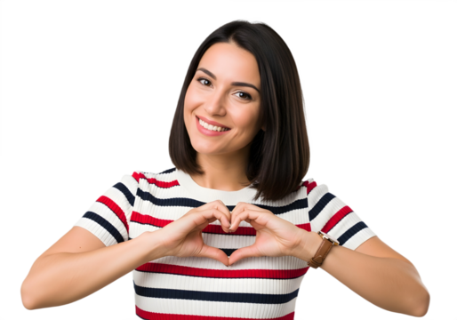 Smiling woman making heart shape with her hands on transparent background