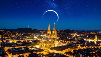 "Celestial arc glowing above Vienna Cathedral at night, surrounded by warm city lights and distant mountains—evoking mysticism, grandeur, and cosmic alignment."
