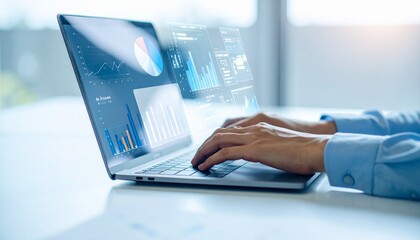 "Focused professional analyzing business data on a laptop, surrounded by printed charts in a modern office setting—capturing precision, concentration, and digital workflow."