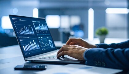 "Focused professional analyzing business data on a laptop, surrounded by printed charts in a modern office setting—capturing precision, concentration, and digital workflow."