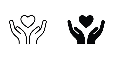 Outlined and solid heart-in-hands icons – minimalist black symbols of care, support, love, and protection for healthcare and charity design