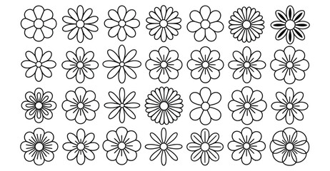  Set of 25 hand-drawn flower icons in black and white – diverse botanical symbols for nature, decor, pattern design, and graphic projects