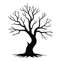  Silhouette of a leafless tree with twisted branches and exposed roots – minimalist black design for nature, seasons, and symbolic art