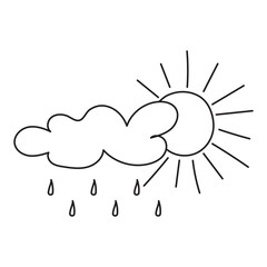 Sun behind cloud. Vector illustration of rain, rainy weather. Doodle icon, eps 10
