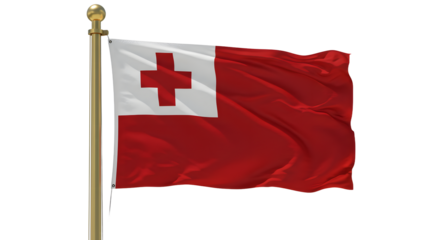 Flag of Tonga waving on flagpole against transparent background, national symbol of Polynesian island country