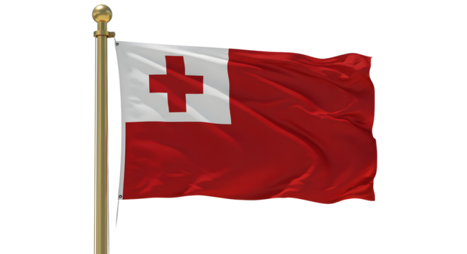 Flag of Tonga waving on flagpole against transparent background, national symbol of Polynesian island country