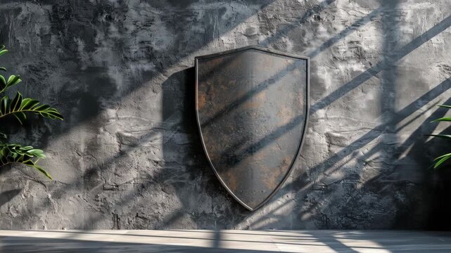 Dark Grey Concrete Wall with Metal Shield and Green Plant