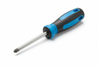 A Phillips head screwdriver with a black and blue handle laying on a white surface.