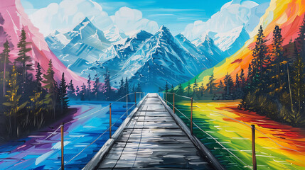 A bridge painted as a rainbow stretching between mountain peaks