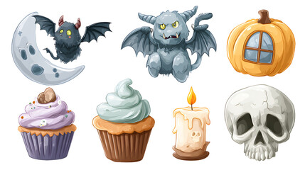Halloween clipart with bats, pumpkin, cupcakes, candle, skull, and moon icons in cartoon style, perfect for Halloween party invitations and decorations