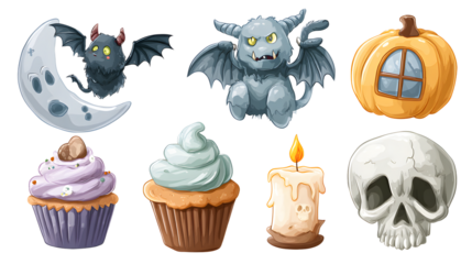 Halloween clipart with bats, pumpkin, cupcakes, candle, skull, and moon icons in cartoon style, perfect for Halloween party invitations and decorations