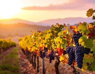 Naklejka premium Vineyard at sunset, clusters of grapes