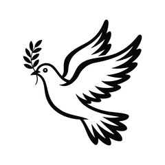  Black and white dove in flight holding olive branch, minimalist peace symbol illustration ideal for unity, hope, spirituality, and decor