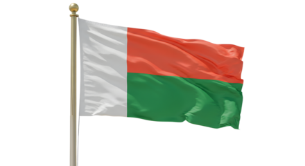 Madagascar flag waving on a flagpole with white, red, and green colors, symbol of Madagascar, perfect for educational and cultural projects