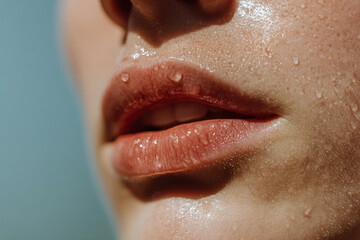 closeup of lips glistening with sweat after intense workout session essence of effort