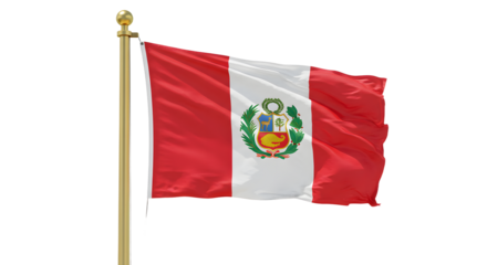 Peruvian flag waving on gold flagpole isolated on white, national symbol of Peru, perfect for patriotic, cultural, and travel themes