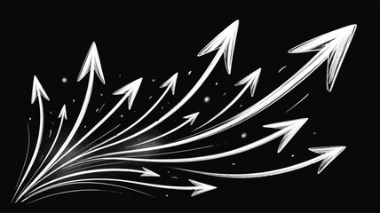 Diverging white arrows on black background with scattered dots, abstract motion illustration symbolizing direction, growth, and progress