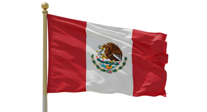 Mexican flag waving on pole with red, white, and green colors featuring eagle and snake emblem, symbol of Mexico and national pride - Powered by Adobe