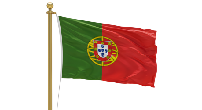 Portuguese national flag waving on flagpole with vibrant colors and clear details, perfect for international, cultural, or travel projects