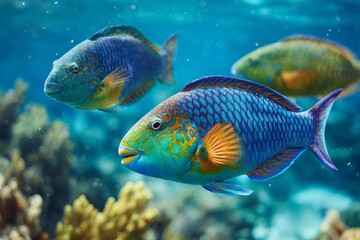 Fototapeta premium Turquoise wrasse are found swimming in the clear blue water near a vibrant coral reef