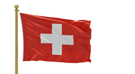 Swiss flag waving on wooden flagpole isolated on white background, Switzerland national symbol, perfect for travel and cultural projects