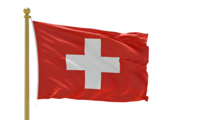 Swiss flag waving on wooden flagpole isolated on white background, Switzerland national symbol, perfect for travel and cultural projects