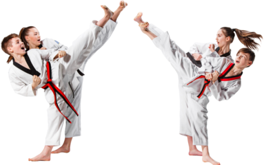 Boys and girls practicing synchronized taekwondo kicks during martial arts sparring drill. Concept of competitive sport, coordination, and dynamic martial arts action scenes. Transparent background.