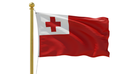 Tonga national flag waving on flagpole isolated on white background, symbol of Polynesian country, perfect for cultural and travel themes