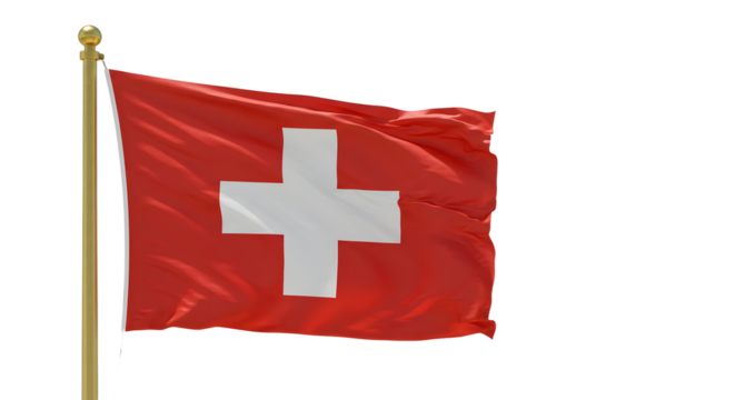 Swiss flag waving on wooden flagpole isolated on white background, Switzerland national symbol, perfect for travel and cultural projects