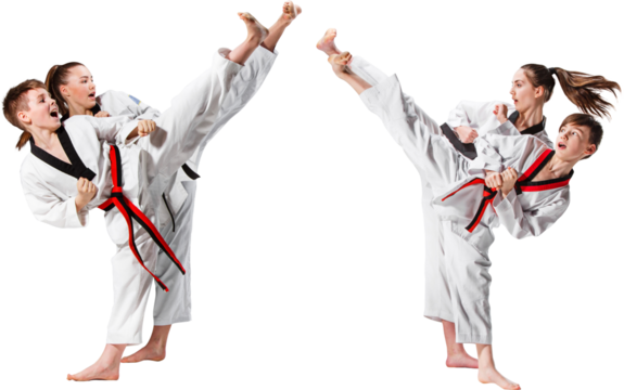 Boys and girls practicing synchronized taekwondo kicks during martial arts sparring drill. Concept of competitive sport, coordination, and dynamic martial arts action scenes. Transparent background.